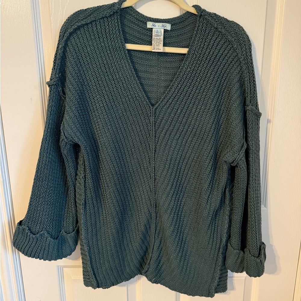 She + Sky Teal V-Neck Sweater